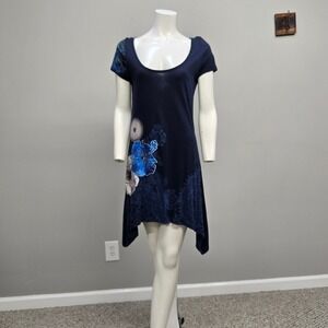 Desigual Mini Dress Large Floral Asymmetrical Boho Art To‎ Wear Y2K Embellished